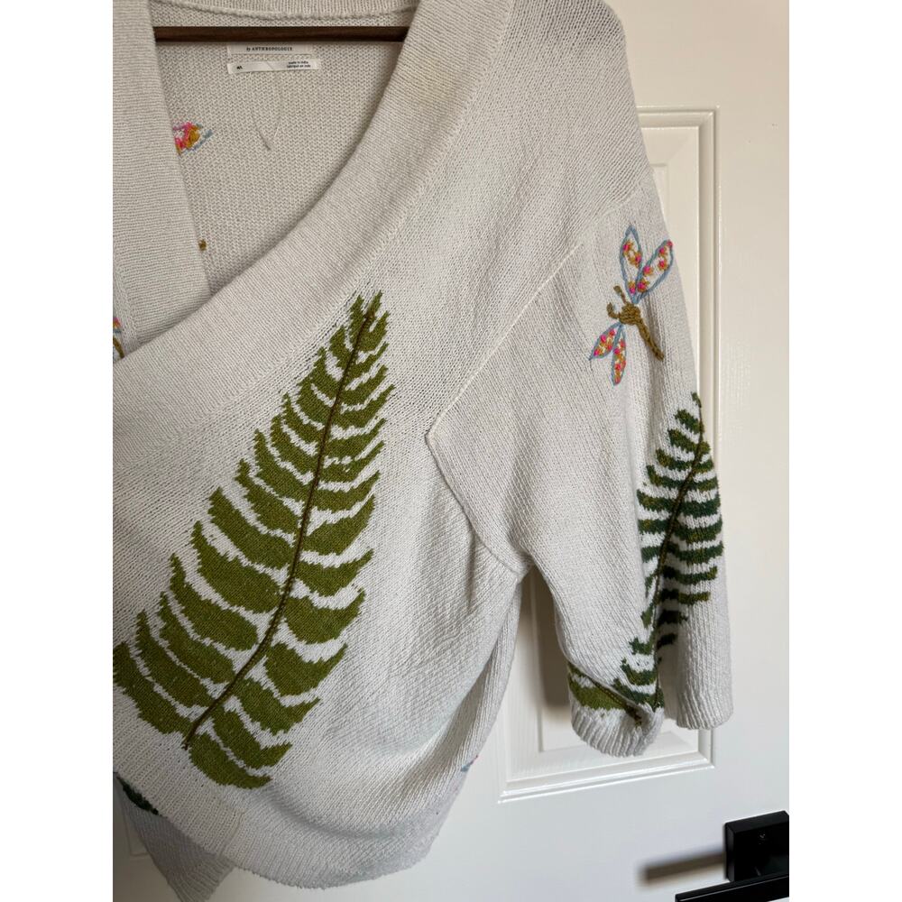 Anthropologie Dragon Fly Fern Slouchy Cotton Blend Kimono Cardigan Cream M/L - Picture 5 of 12